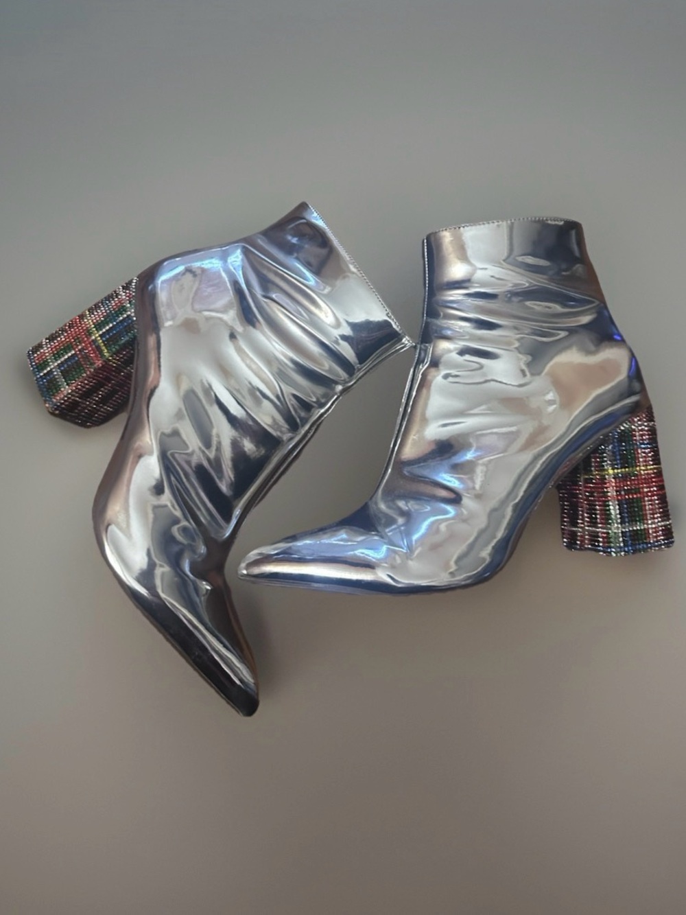 Betsey Johnson Silver Kassie Ankle Boots Stacked Sparkle Heel Zip Up Sz 9